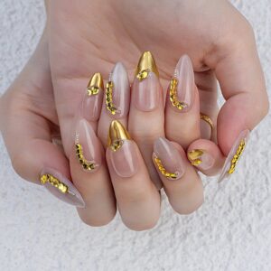 Nude-Gold-French-Medium-Almond-Crystal-Press-on-Nails